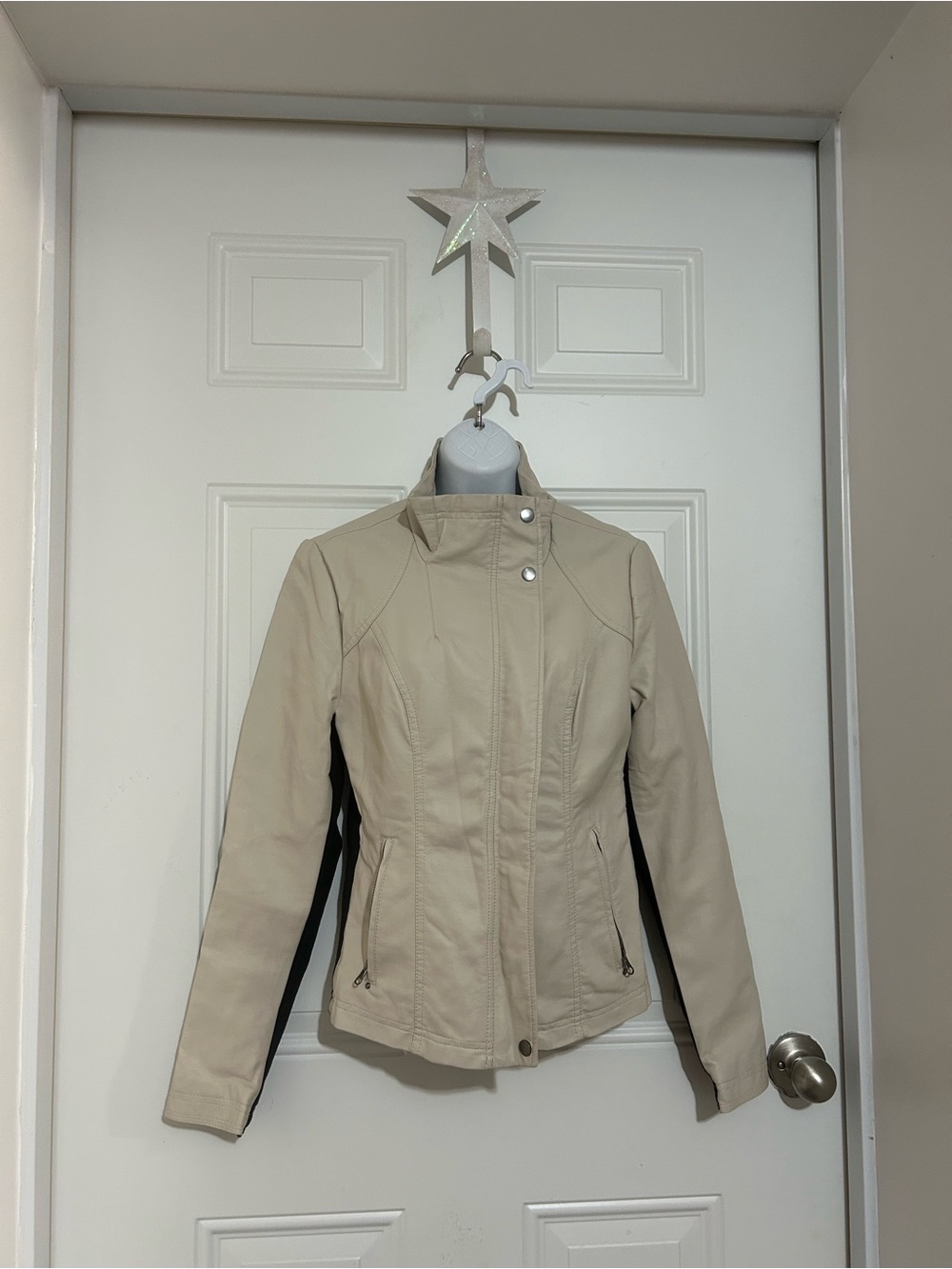 RD Style Beige Women's Fitted Leather Jacket with Black Side Panels
